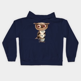 Cute Funny Owl Behind a Tower of Coffee Cups Kids Hoodie